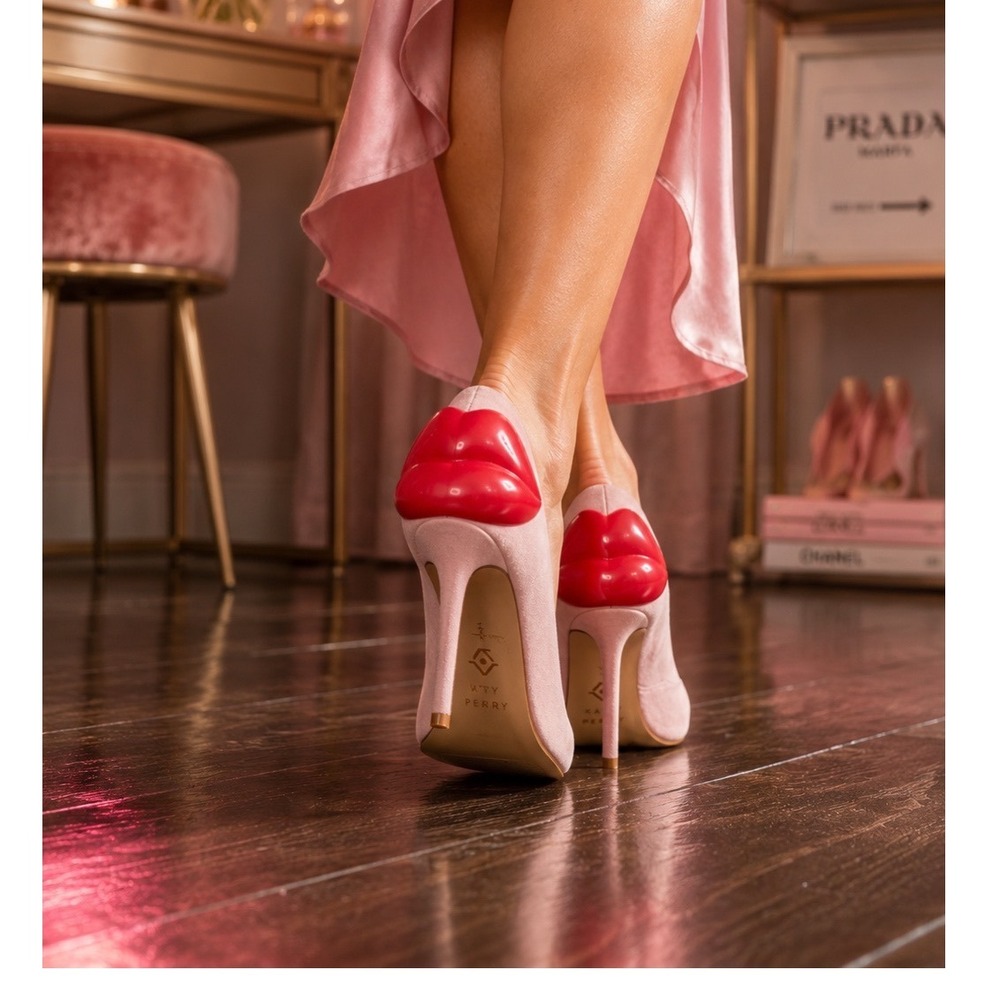 Katy Perry The Femi Pink Suede Red Lip Heel Pumps Whimsical Chic Party Sz 9